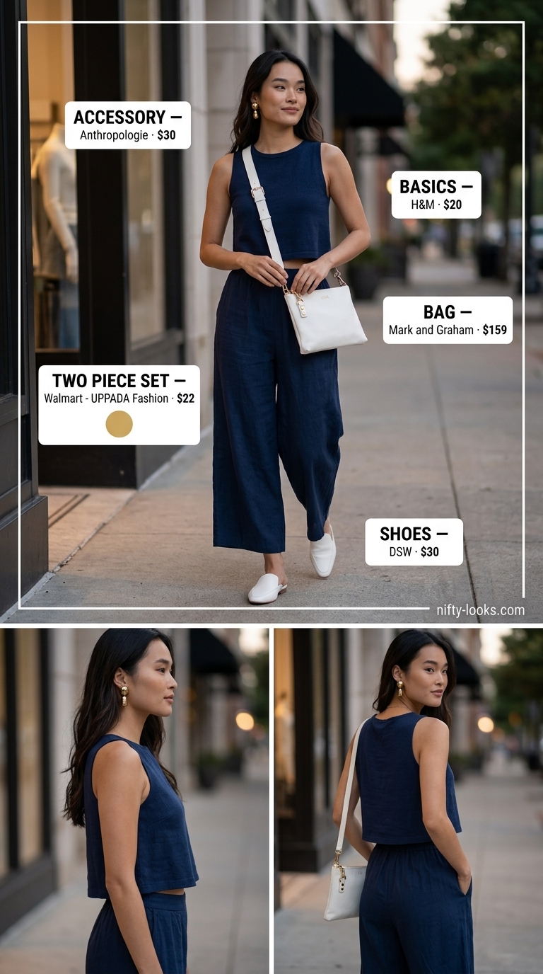 Navy blue wide-leg pants set for women 2026. Chic summer evening outfit with white mules & gold earrings.