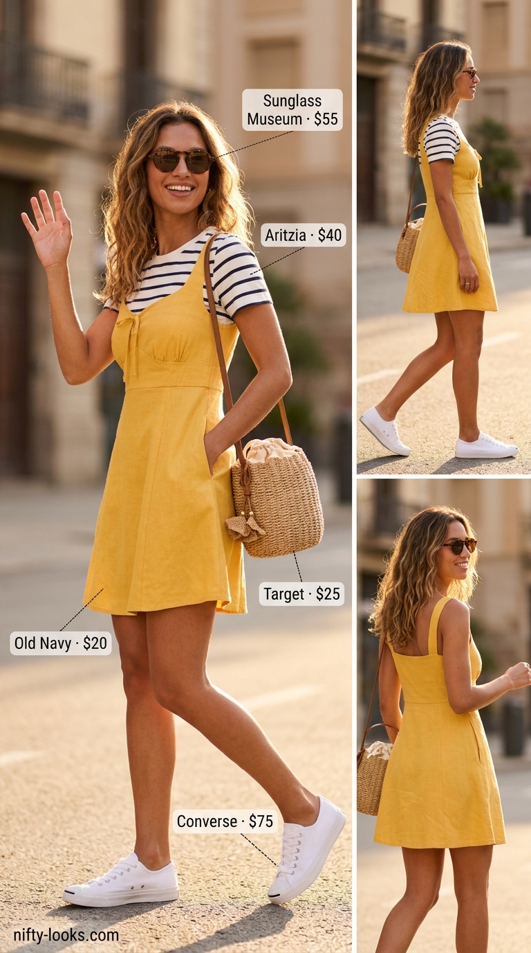 Yellow sundress with white sneakers & straw bag for every day summer basics outfits for women 2026.