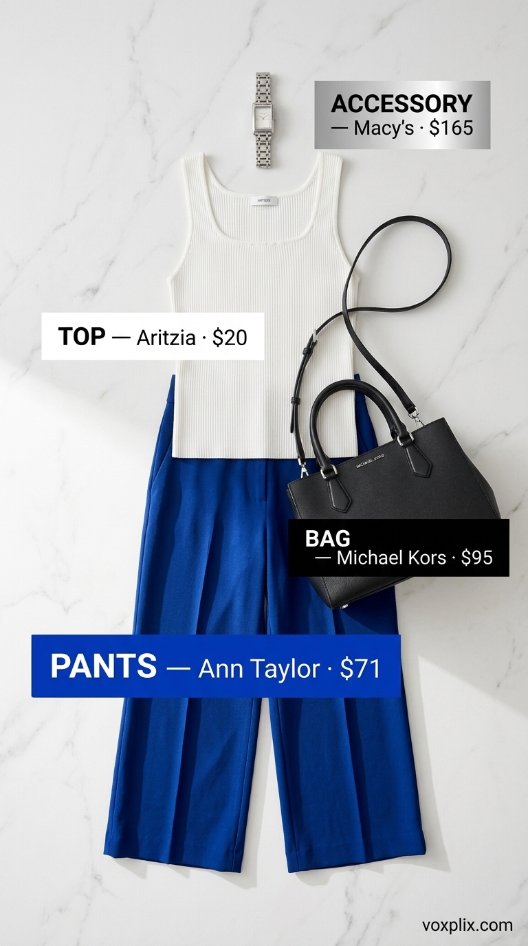 Chic Plus Size Summer Outfits 2026: Cobalt Trousers Flattering plus size summer outfits for women 2026: Cobalt blue trousers, white top, nude mules for business casual.