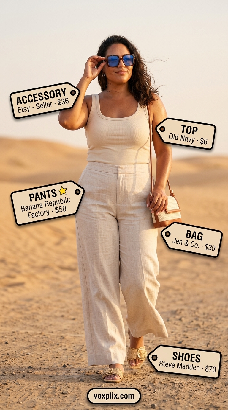 Chic Plus Size Summer Outfits 2026: Travel Pants Flattering plus size summer outfits for women 2026: Beige linen pants for travel.