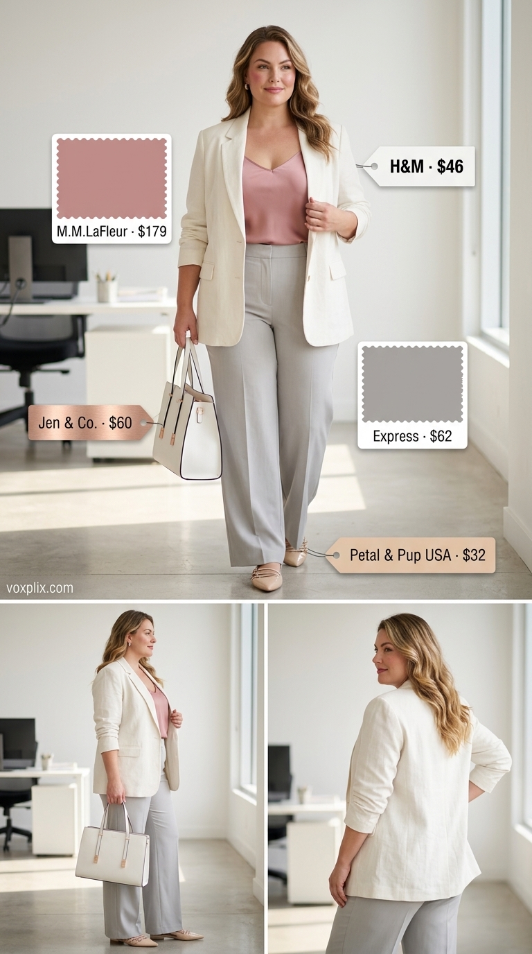 Professional Plus Size Summer Outfits 2026: Blazer Flattering plus size summer outfits for women 2026: Blush pink blazer & grey trousers.