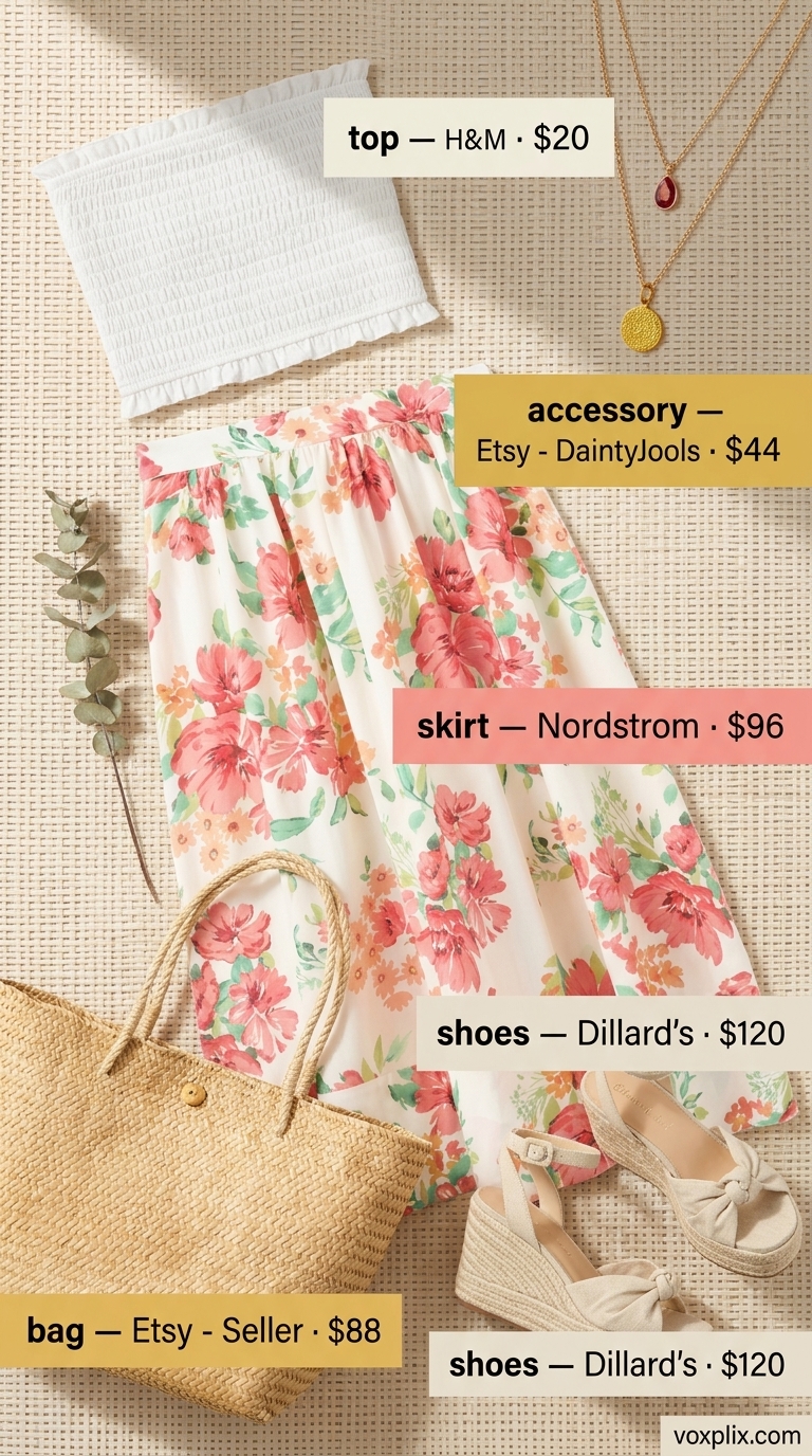 Romantic Plus Size Summer Outfits 2026: Floral Skirt Flattering plus size summer outfits for women 2026: Floral midi skirt, cream top, espadrilles for garden party.