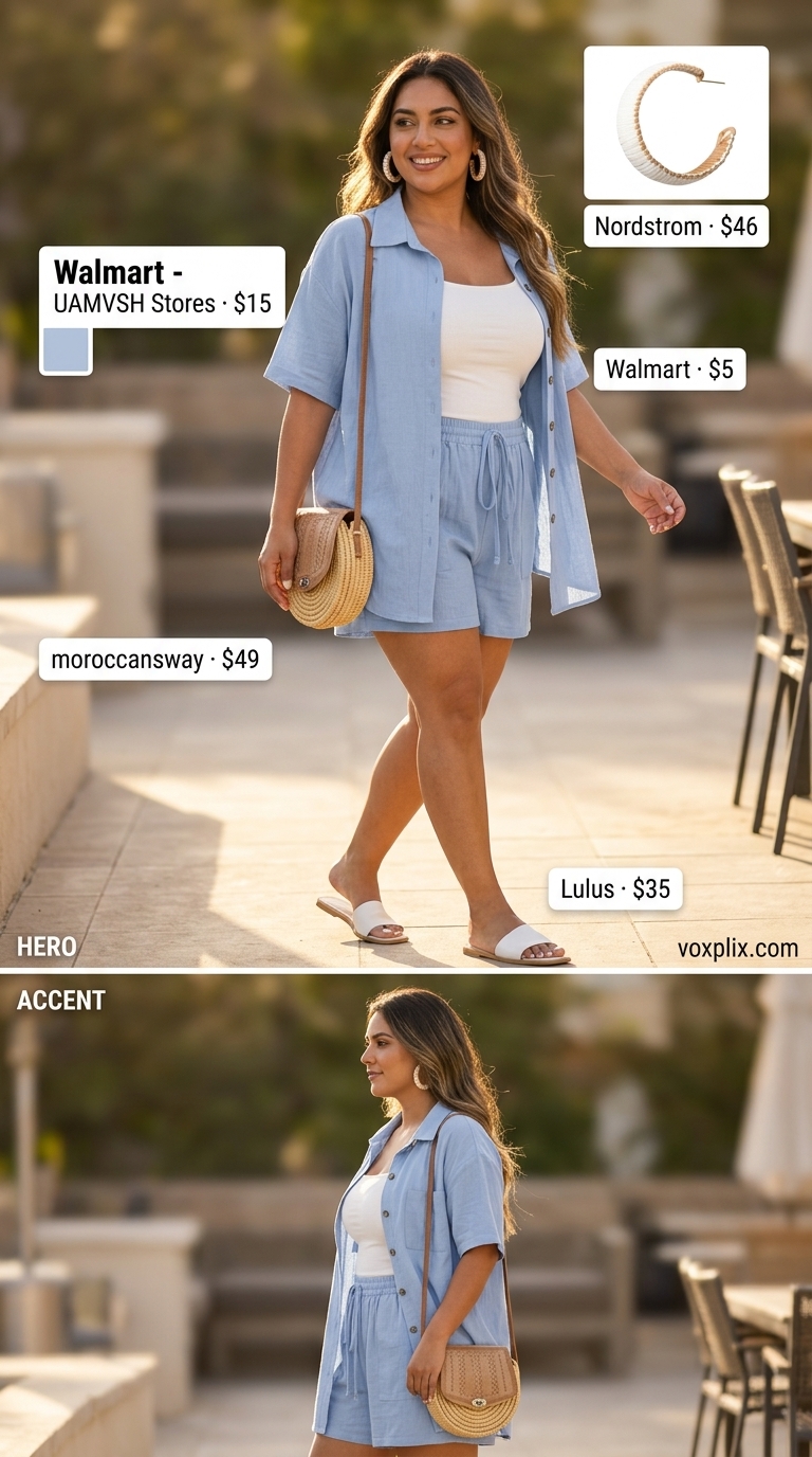 Vibrant Plus Size Summer Outfits 2026: Cobalt Co-ord Flattering plus size summer outfits for women 2026: Cobalt blue linen set, white tank, raffia bag & sandals for brunch.