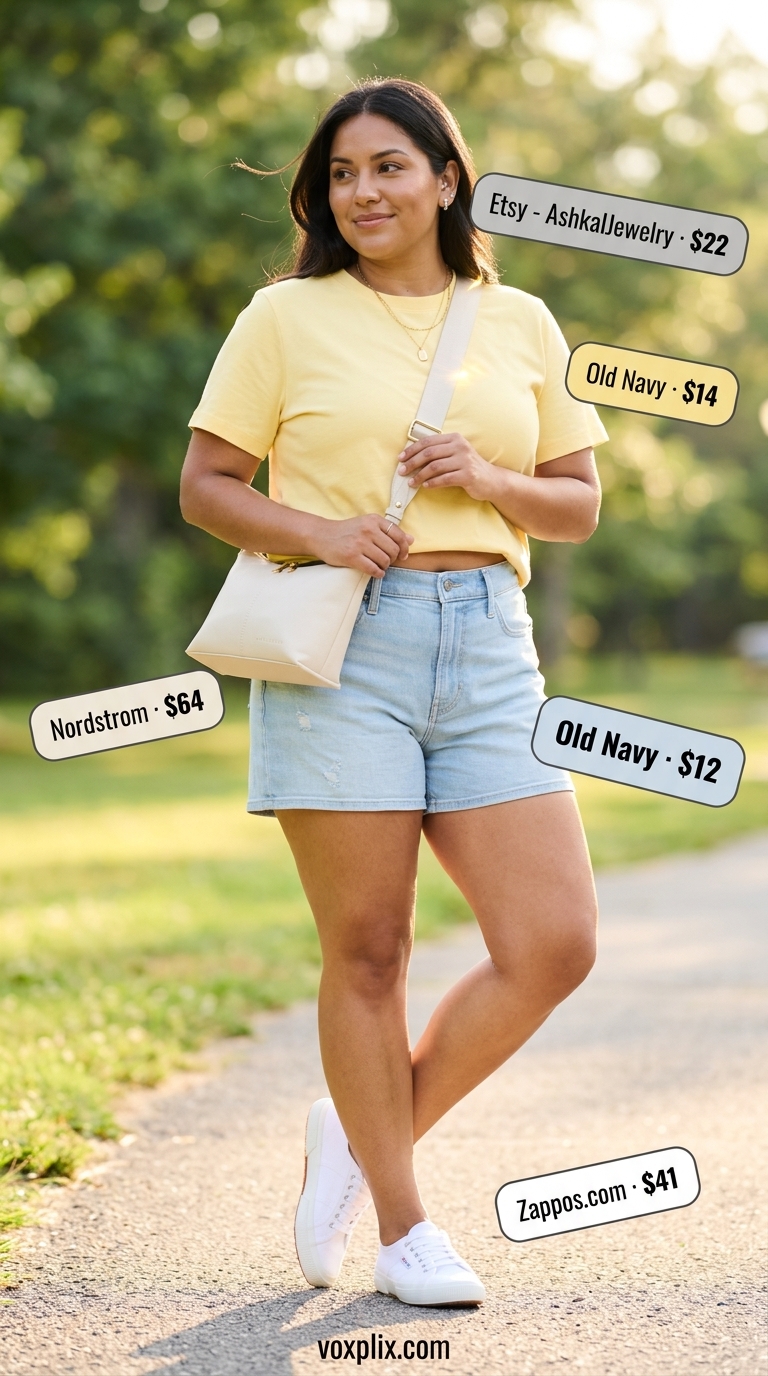 Casual Plus Size Summer Outfits 2026: Shorts & Tee Flattering plus size summer outfits for women 2026: Yellow tee & denim shorts for weekend errands.
