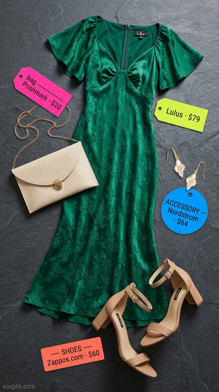 Glamorous Plus Size Summer Outfits 2026: Emerald Dress Flattering plus size summer outfits for women 2026: Emerald green wrap dress, nude sandals & clutch for date night.