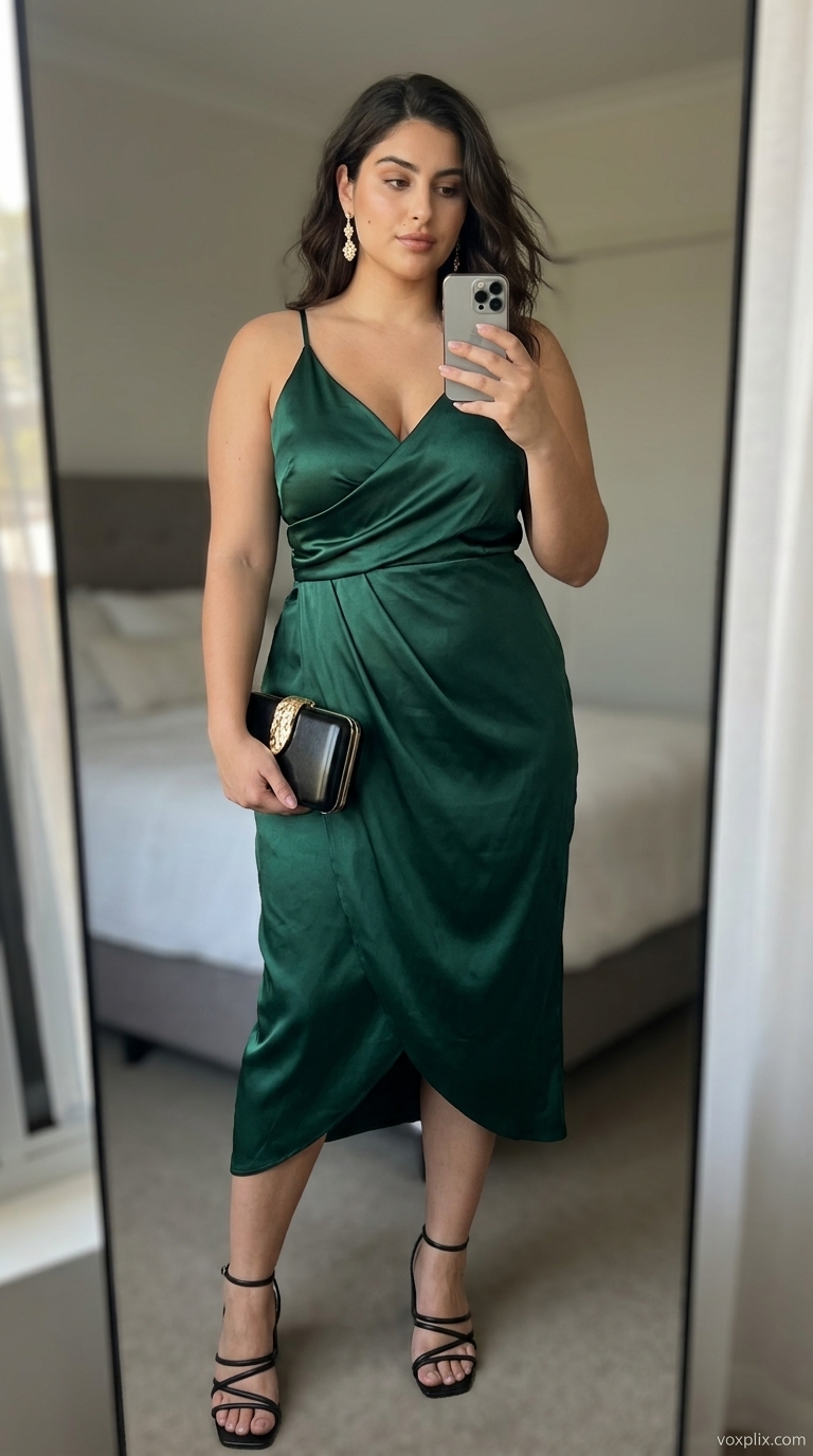 Elegant Plus Size Summer Outfits 2026: Date Night Flattering plus size summer outfits for women 2026: Emerald green wrap dress for date night.