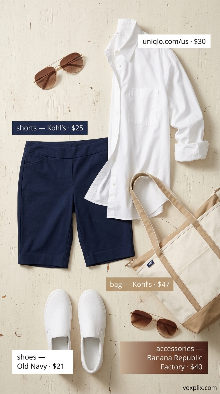 Polished Plus Size Summer Outfits 2026: Riviera Shorts Flattering plus size summer outfits for women 2026: Navy shorts, white shirt, canvas sneakers, tote for sightseeing.