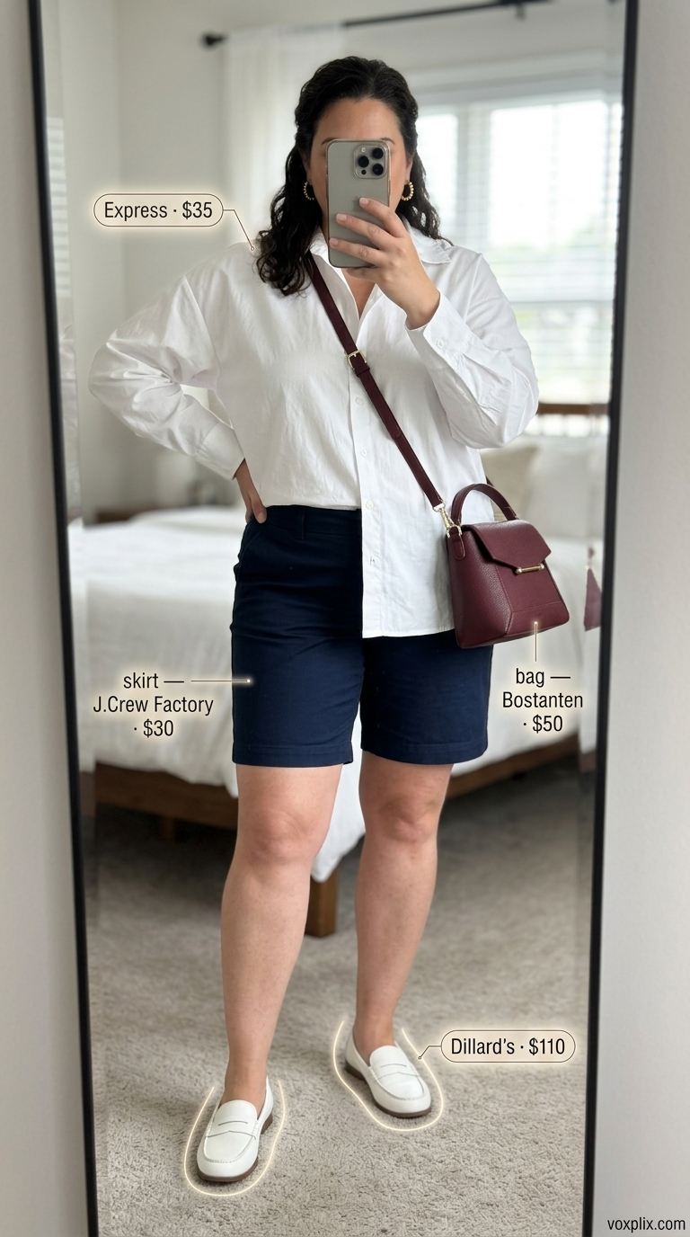 Chic Plus Size Summer Outfits 2026: Riviera Style Flattering plus size summer outfits for women 2026: Navy Bermuda shorts, white shirt, red bag, loafers for smart casual lunch.