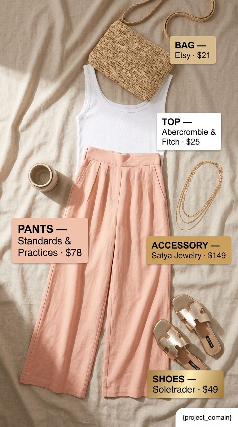 Relaxed Plus Size Summer Outfits 2026: Peach Linen Pants Flattering plus size summer outfits for women 2026: Peach linen pants, ivory top, gold accessories for casual dinner.
