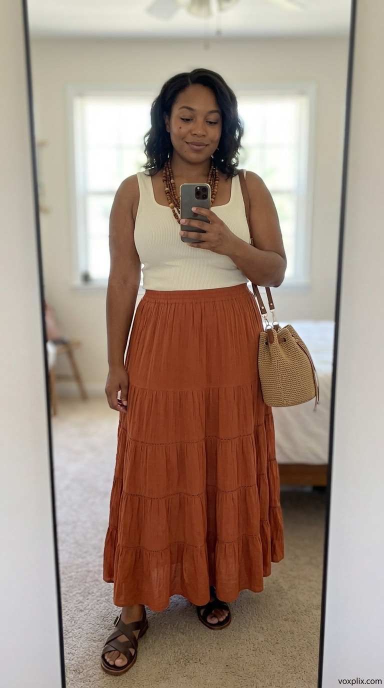 Boho Plus Size Summer Outfits 2026: Maxi Skirt Flattering plus size summer outfits for women 2026: Terracotta maxi skirt for markets.