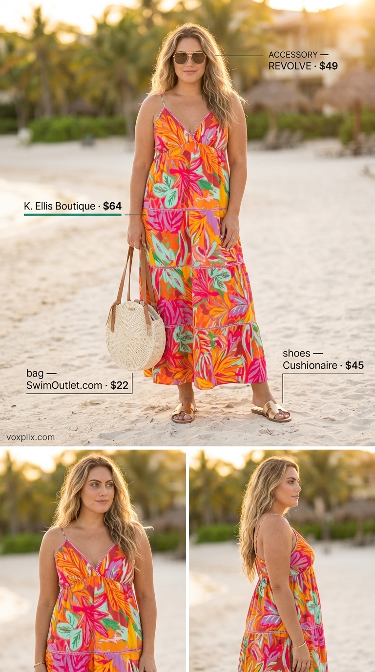 Glamorous Plus Size Summer Outfits 2026: Tropical Dress Flattering plus size summer outfits for women 2026: Tropical maxi dress, gold sandals, straw hat for vacation.