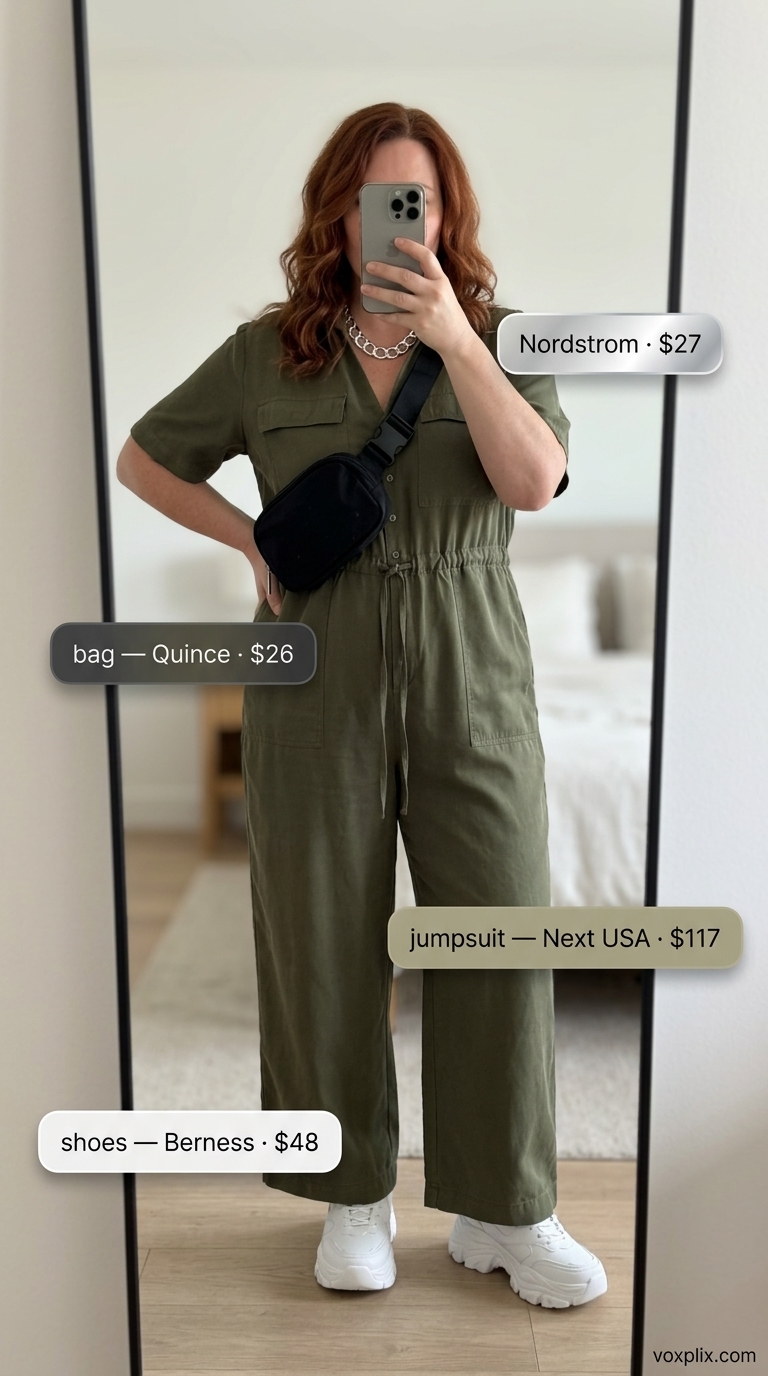 Edgy Plus Size Summer Outfits 2026: Utility Jumpsuit Flattering plus size summer outfits for women 2026: Khaki utility jumpsuit, white sneakers & belt bag for casual outings.
