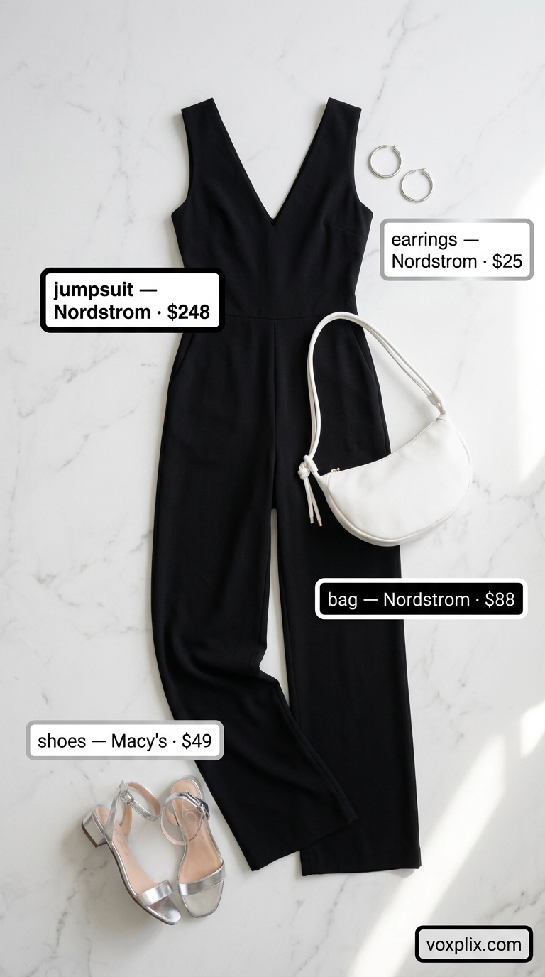 Sleek Plus Size Summer Outfits 2026: Evening Jumpsuit Flattering plus size summer outfits for women 2026: Black jumpsuit, silver sandals & bag for an evening event.