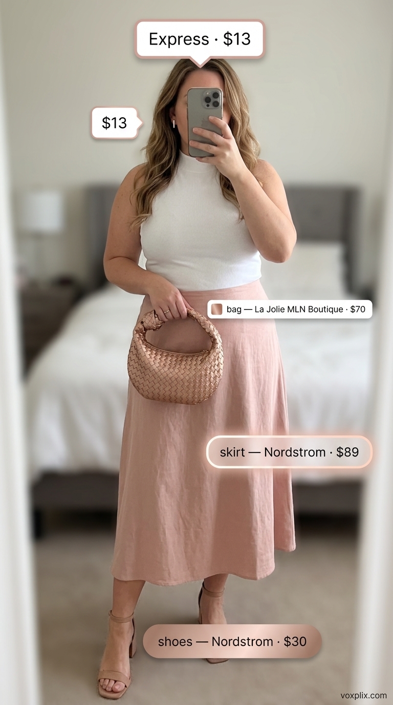 Romantic Plus Size Summer Date Outfits 2026 Flattering plus size summer outfits for women 2026: Blush pink skirt, white top, block heels for date brunch.