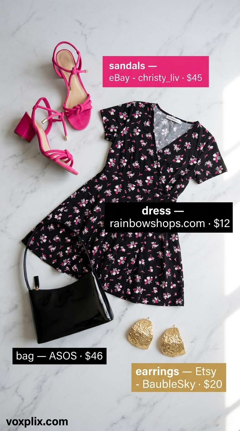 Glamorous Plus Size Summer Night Out Outfits 2026 Flattering plus size summer outfits for women 2026: Floral wrap dress, hot pink heels, gold earrings for night out.