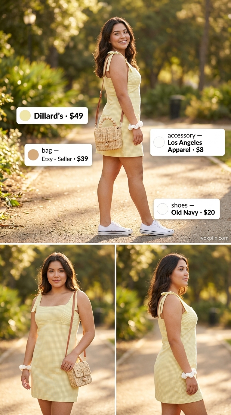 Picnic Perfect Plus Size Summer Outfits 2026 Flattering plus size summer outfits for women 2026: Yellow gingham sundress, white sneakers, wicker bag for a picnic.