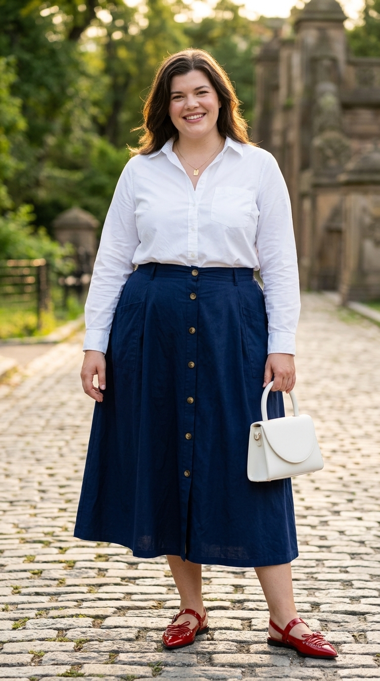 Chic Plus Size Summer Brunch Outfits 2026 Flattering plus size summer outfits for women 2026: Navy A-line skirt, white button-down, red flats for brunch.