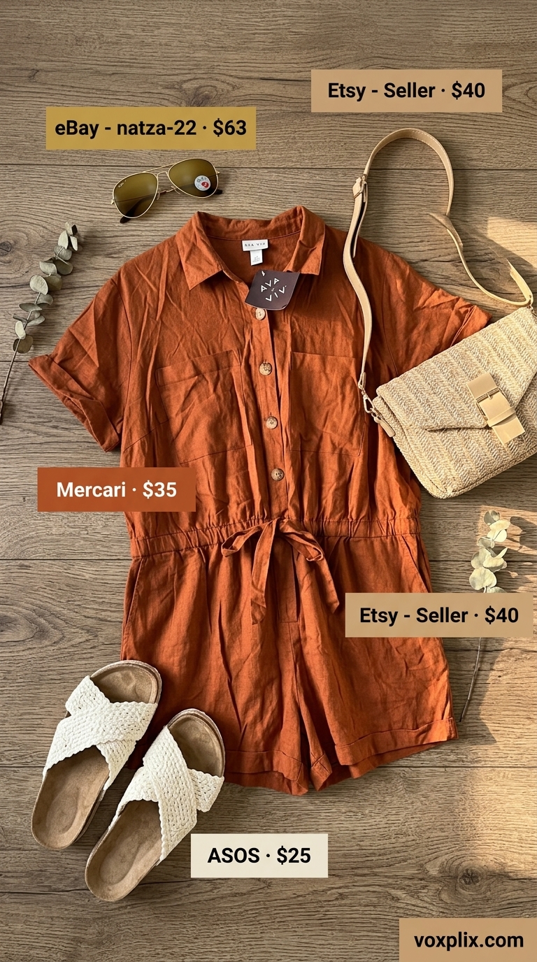 Adventurous Plus Size Summer Getaway Outfits 2026 Flattering plus size summer outfits for women 2026: Rust orange romper, espadrilles, straw bag for weekend getaway.