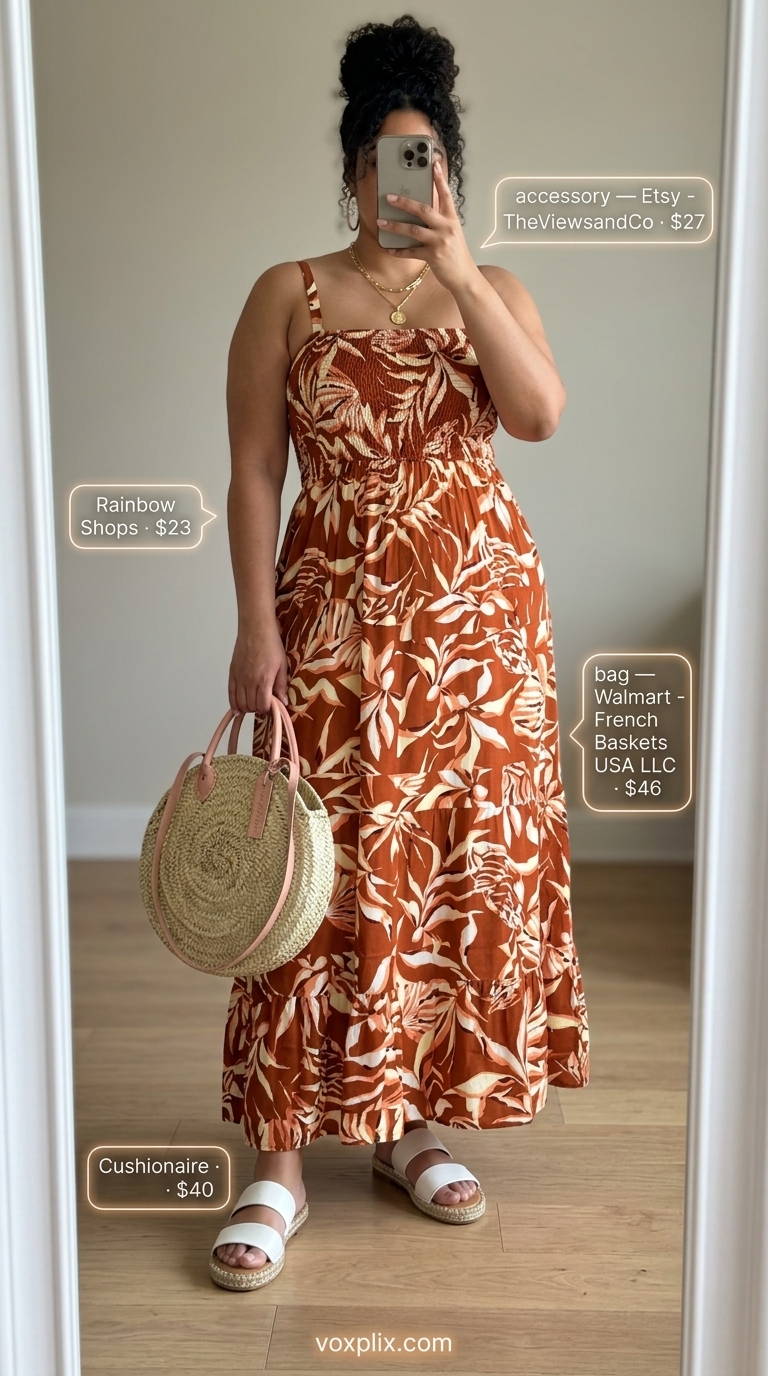 Boho Plus Size Summer Vacation Outfits 2026 Flattering plus size summer outfits for women 2026: Terracotta floral maxi dress, straw tote, espadrilles for vacation.