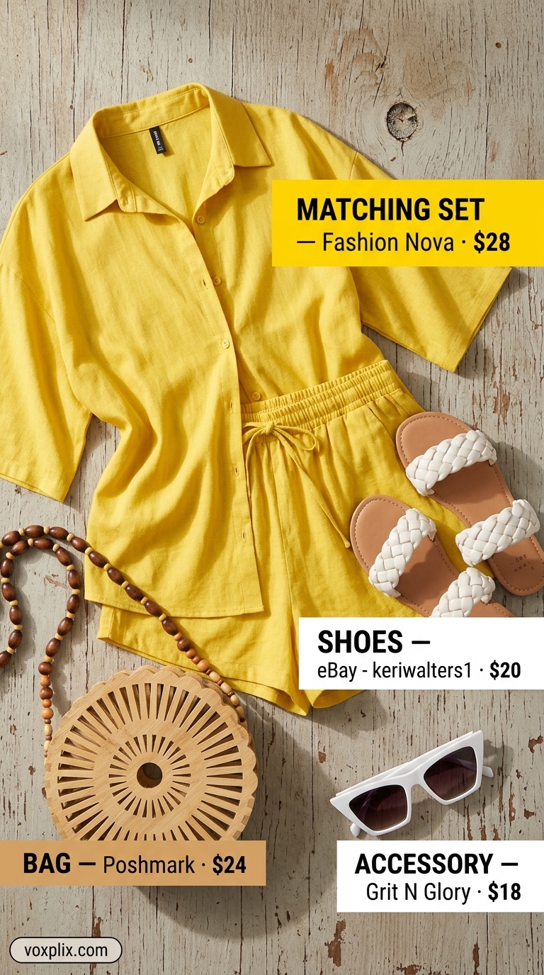 Sunny Plus Size Summer Resort Outfits 2026 Flattering plus size summer outfits for women 2026: Yellow linen set, white tank, wooden bag for beach day.