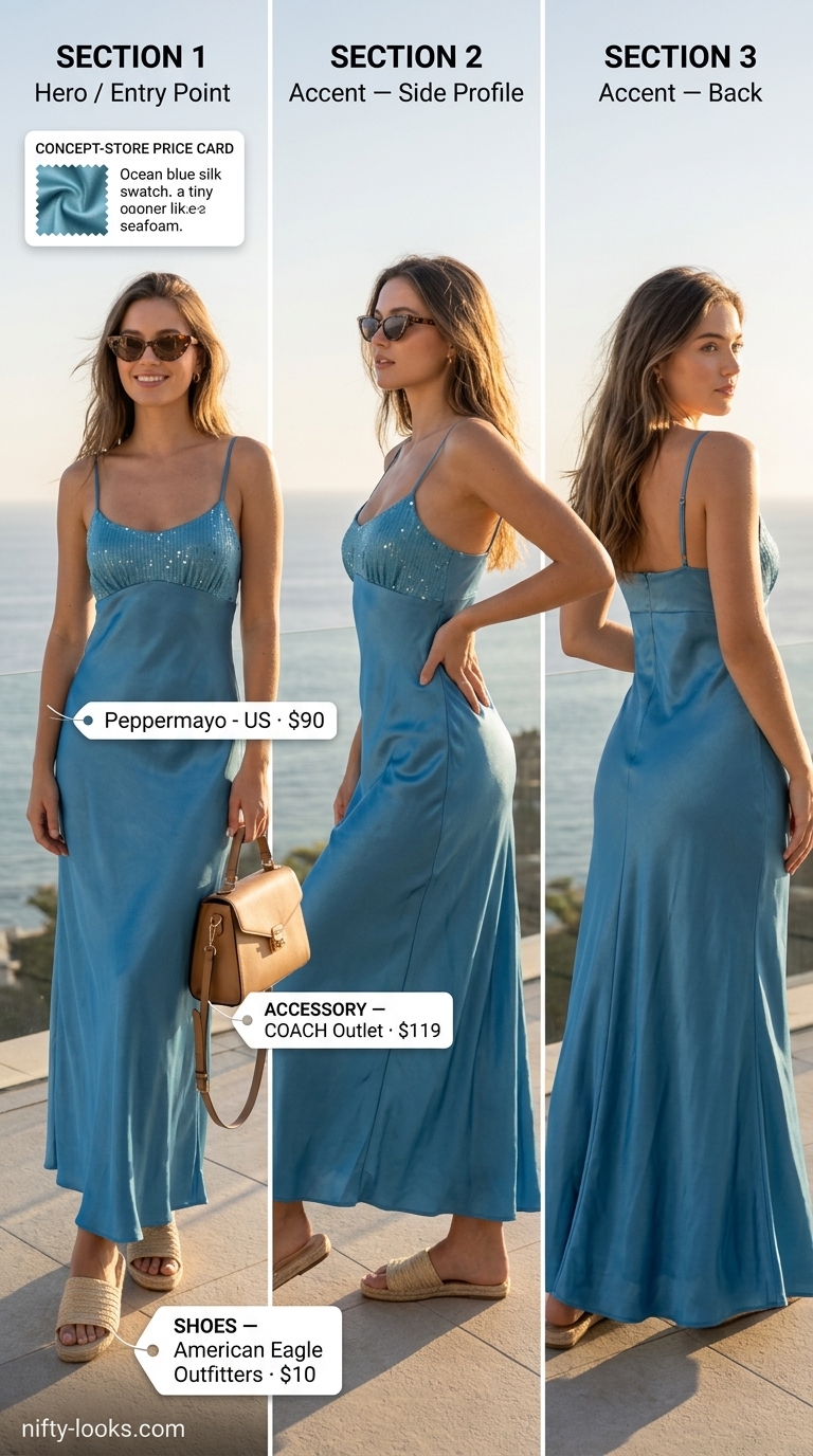 Flattering Summer Outfit for Women Over 40 2026: Beach Dinner Style Flattering summer outfit for women over 40 2026: Flowy ocean blue maxi dress, raffia slides, and straw tote for beach vacation dinner.