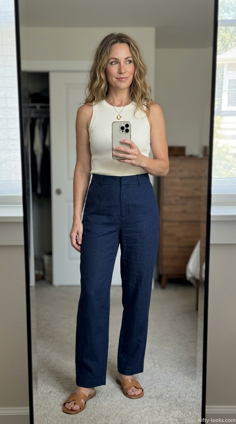 Flattering Summer Outfit for Women Over 40 2026: Boardwalk Style Flattering summer outfit for women over 40 2026: Navy linen pants, cream knit tank, straw bag for boardwalk breeze.