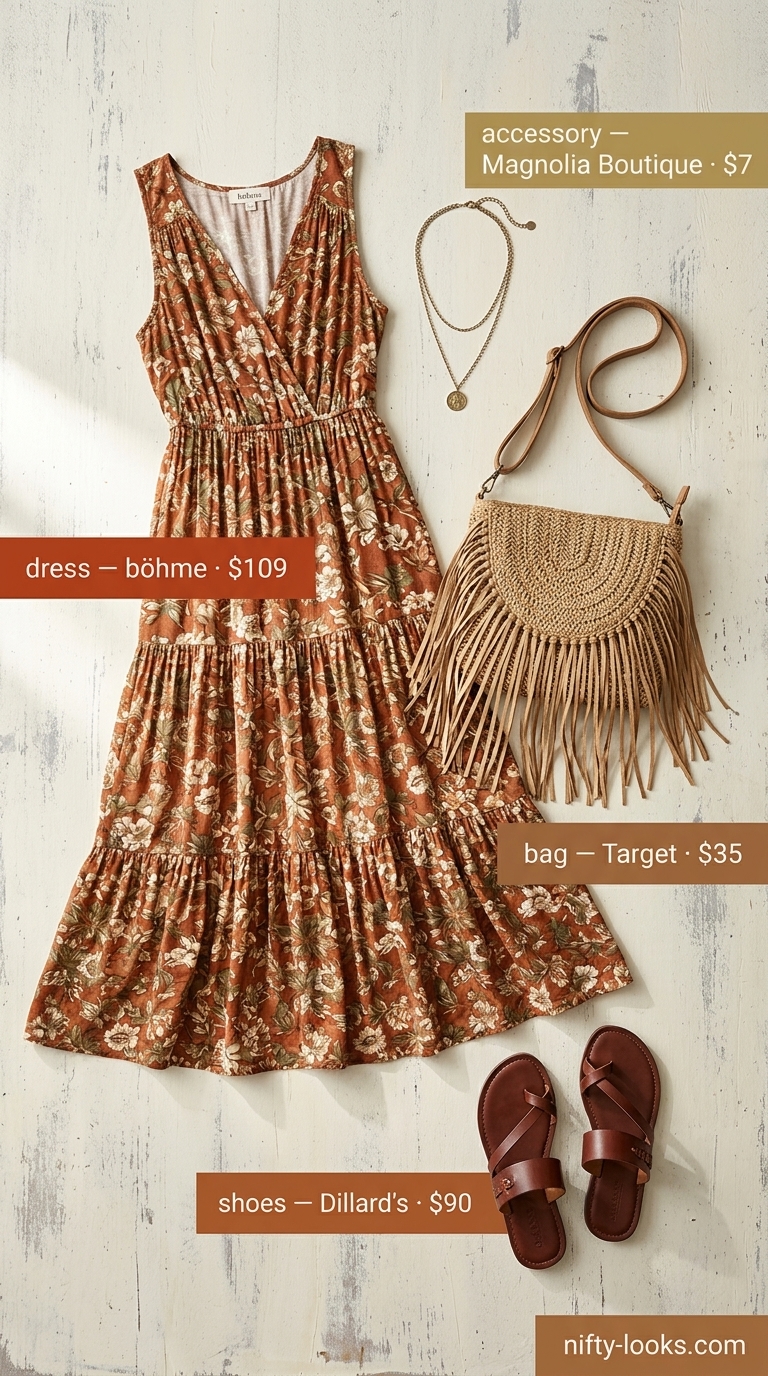 Boho Chic: Flattering Summer Outfit for Women 2026 Flattering summer outfit for women over 40 2026: Flowy floral maxi dress, straw bag, and leather sandals for market day.