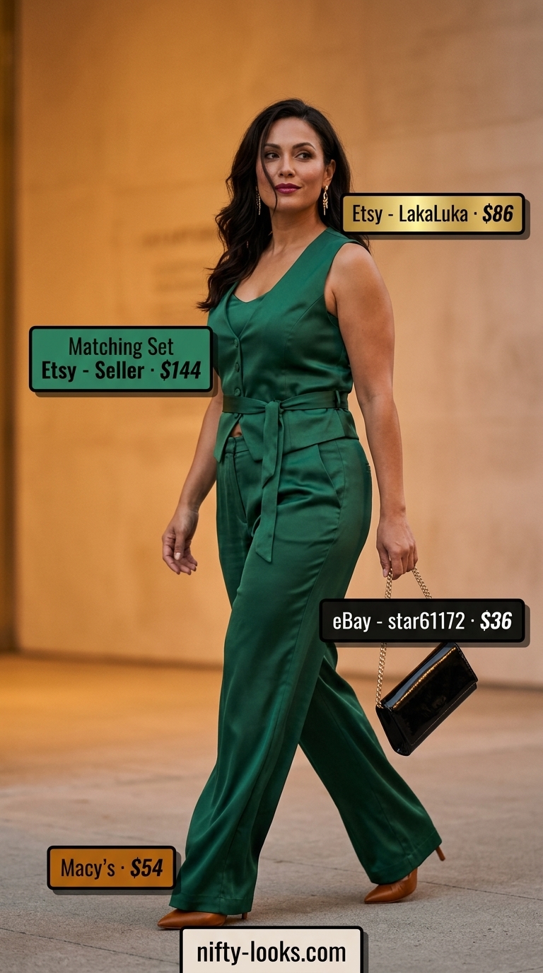 Cocktail Hour Chic: Flattering Summer Outfit 2026 Flattering summer outfit for women over 40 2026: Emerald green matching set, gold earrings, and black mules for cocktails.