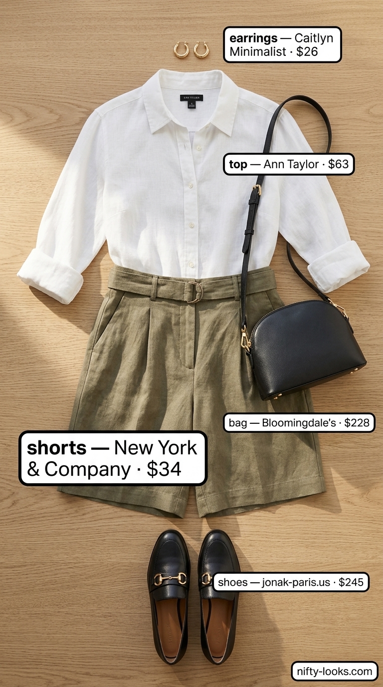 Flattering Summer Outfit for Women Over 40 2026: City Chic Flattering summer outfit for women over 40 2026: Khaki Bermuda shorts, white button-down, loafers for city sightseeing.