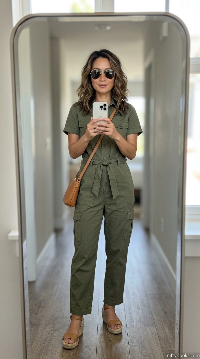 Flattering Summer Outfit for Women Over 40 2026: Day Trip Romper Style Flattering summer outfit for women over 40 2026: Olive green utility romper, espadrilles, and belt bag for a day trip.