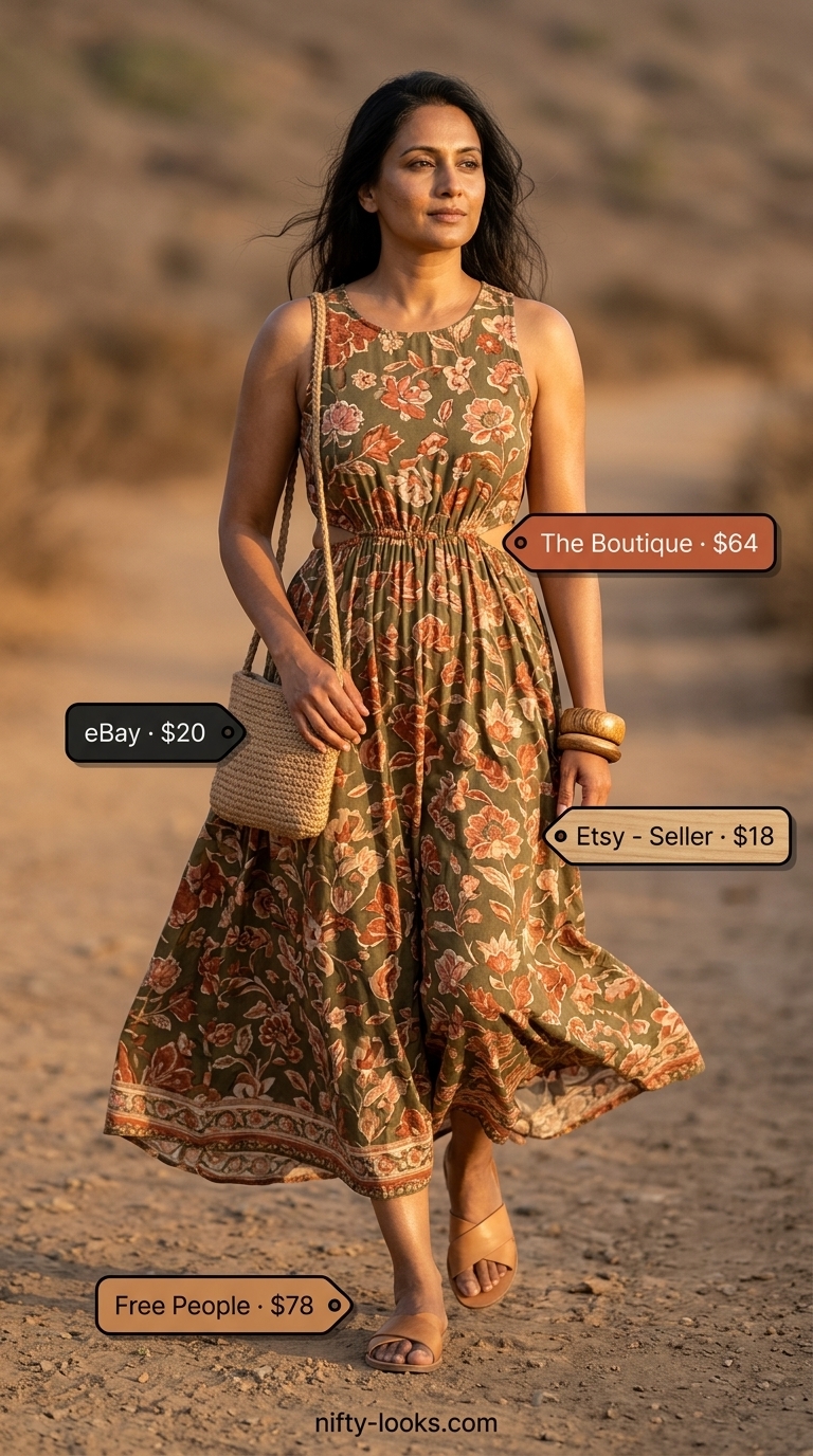 Flattering Summer Outfit for Women Over 40 2026: Maxi Dress Flattering summer outfit for women over 40 2026: Terracotta flowy maxi dress, woven bag, leather slides for a weekend getaway.