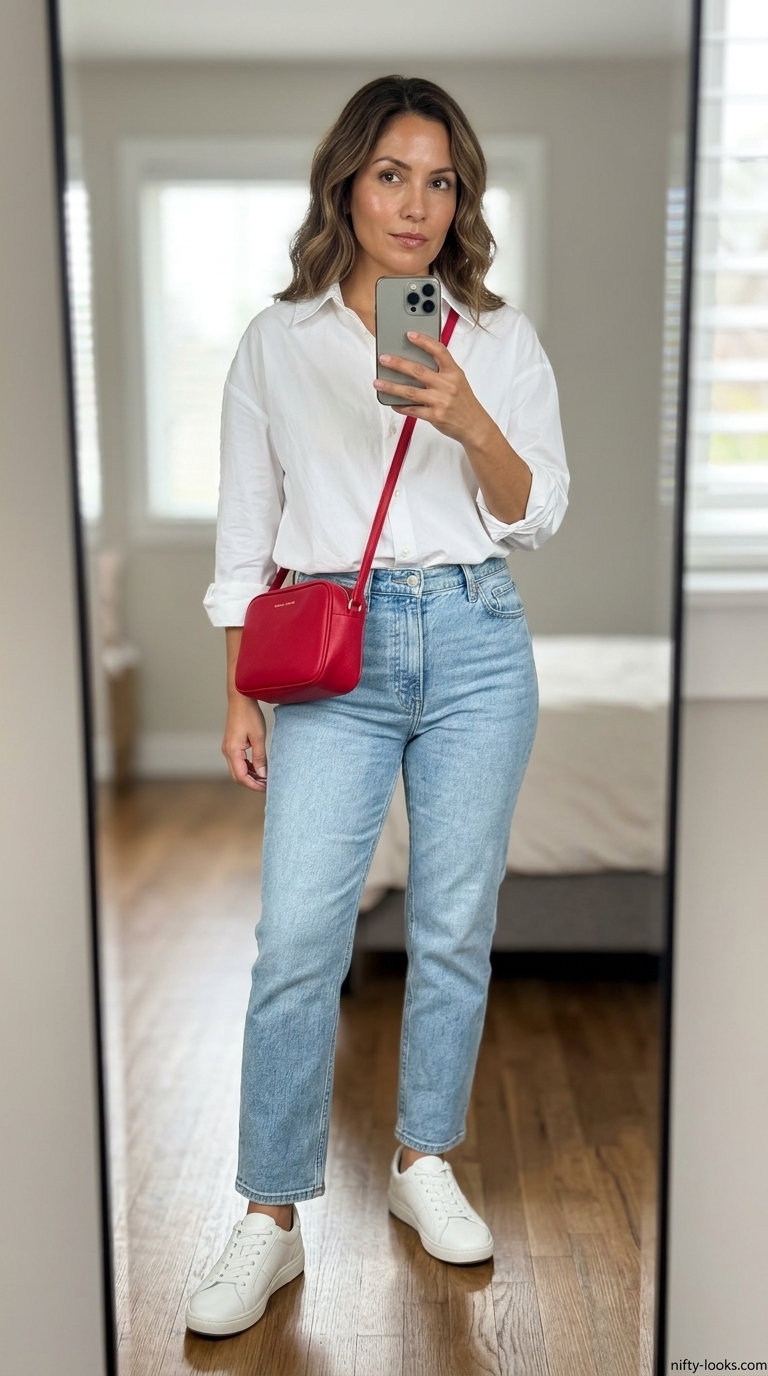 Flattering Summer Outfit for Women Over 40 2026: Denim Casual Flattering summer outfit for women over 40 2026: Denim jeans, white shirt, red crossbody for weekend errands.