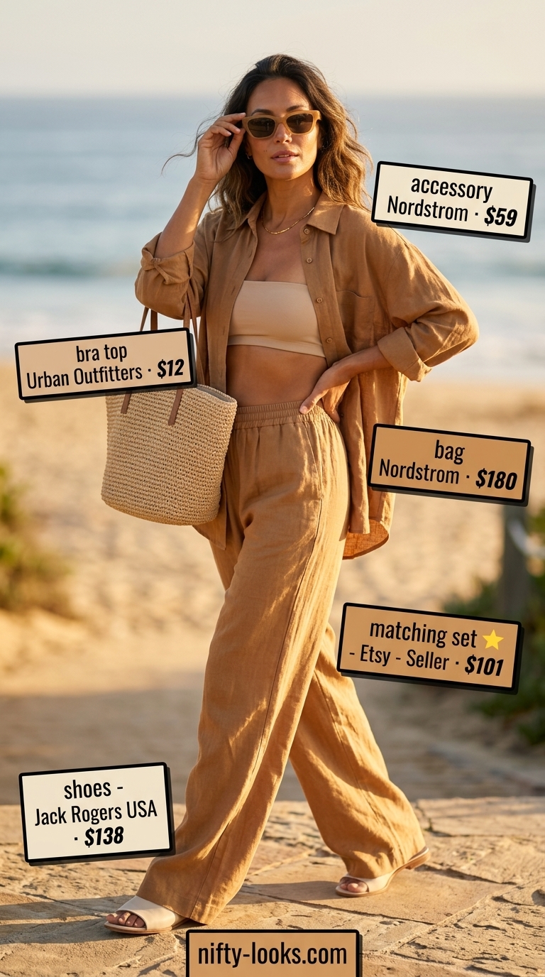 Flattering Summer Outfit for Women Over 40 2026: Resort Set Flattering summer outfit for women over 40 2026: Emerald green linen matching set, straw tote, and metallic sandals for resort wear.