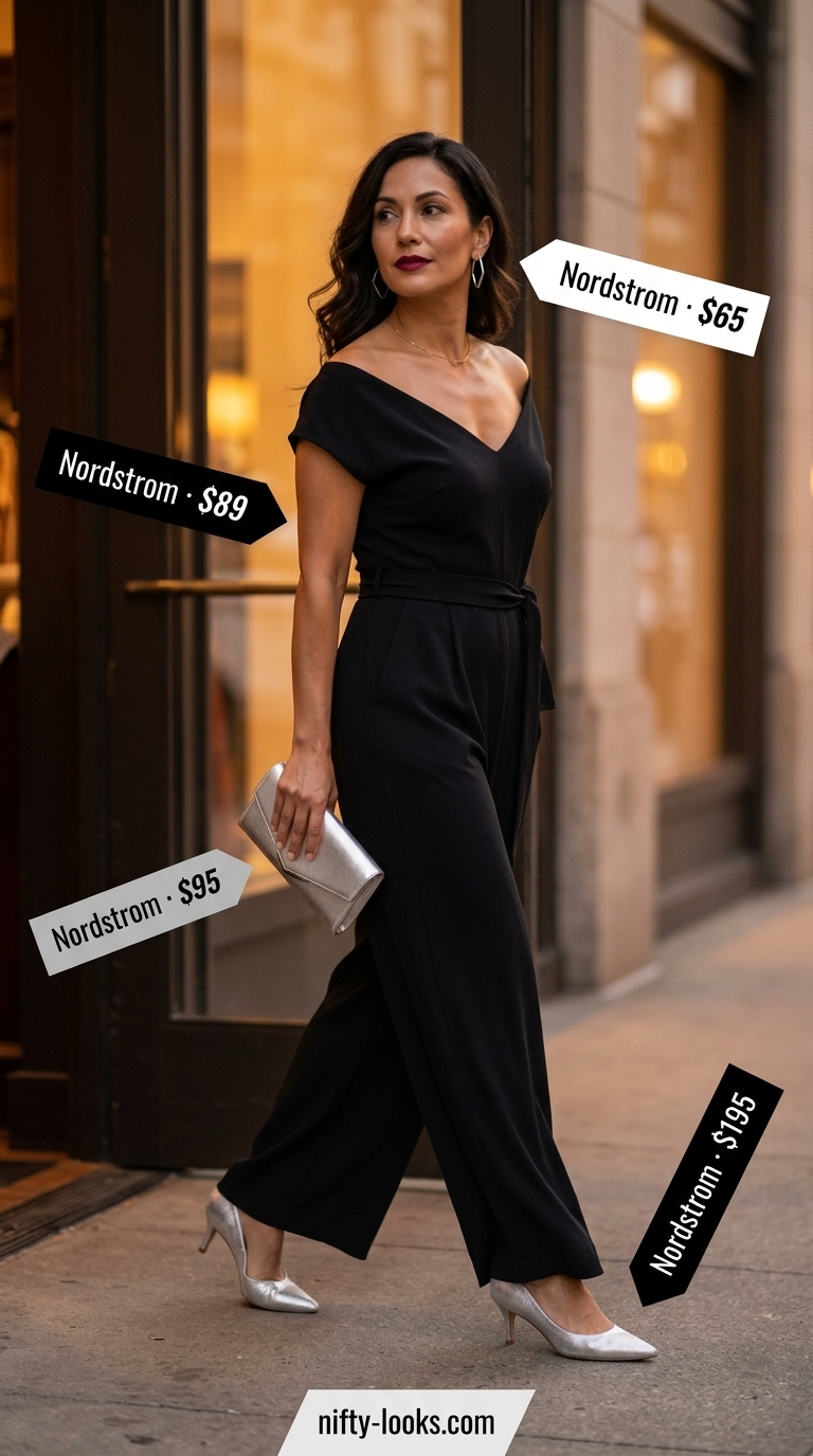 Flattering Summer Outfit for Women Over 40 2026: Evening Jumpsuit Style Flattering summer outfit for women over 40 2026: Black wide-leg jumpsuit, kitten heels, and silver clutch for an evening event.