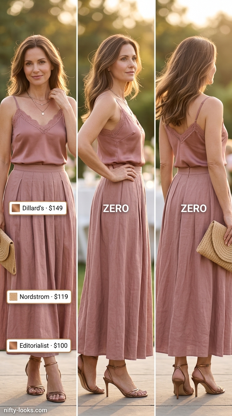 Garden Party Ready: Flattering Summer Outfit 2026 Flattering summer outfit for women over 40 2026: Dusty rose maxi skirt, ivory top, and metallic sandals for garden party.