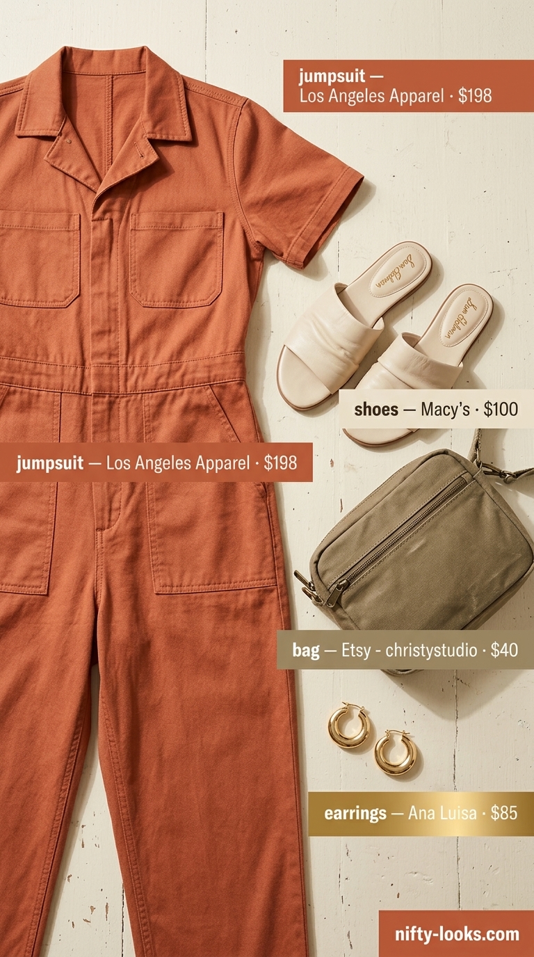 Weekend Wanderlust: Flattering Summer Outfit 2026 Flattering summer outfit for women over 40 2026: Terracotta jumpsuit, straw hat, and espadrilles for weekend travel.