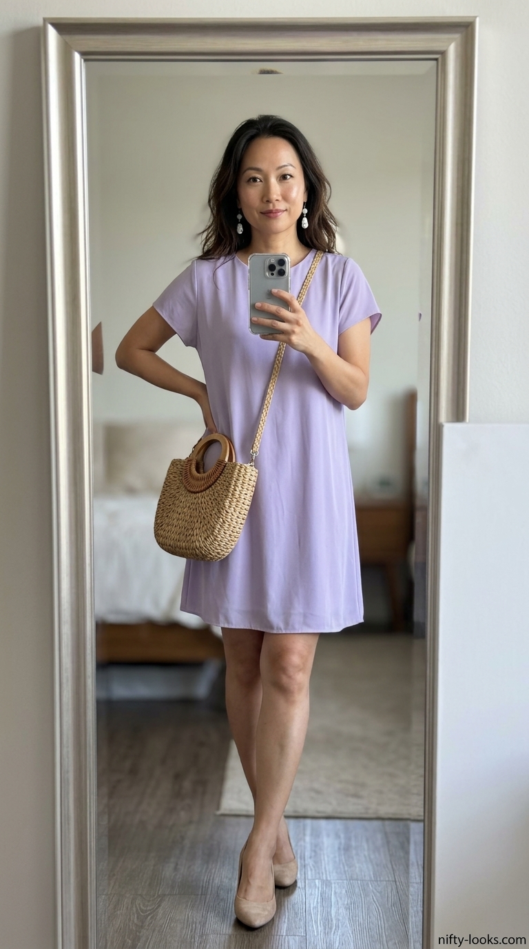 Flattering Summer Outfit for Women Over 40 2026: Art Walk Dress Flattering summer outfit for women over 40 2026: Lavender shift dress, white sneakers, straw bag for art walk.
