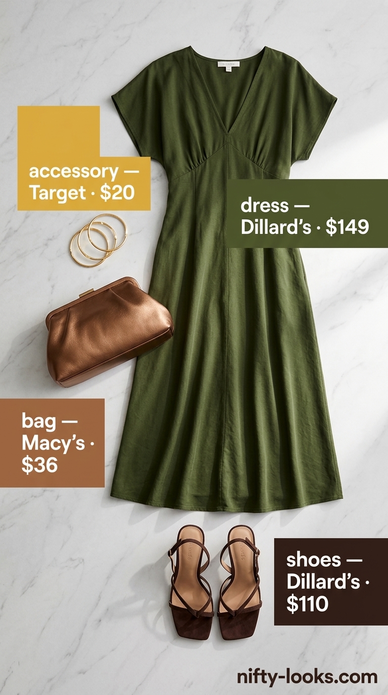 Flattering Summer Outfit for Women Over 40 2026: Resort Dinner Flattering summer outfit for women over 40 2026: Olive green midi dress, gold accessories, block heels for resort dinner.