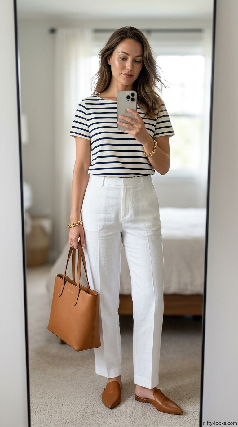 Flattering Summer Outfit for Women Over 40 2026: Chic Brunch Style Flattering summer outfit for women over 40 2026: Navy linen pants, white knit top, tan sandals, and gold accessories for brunch.