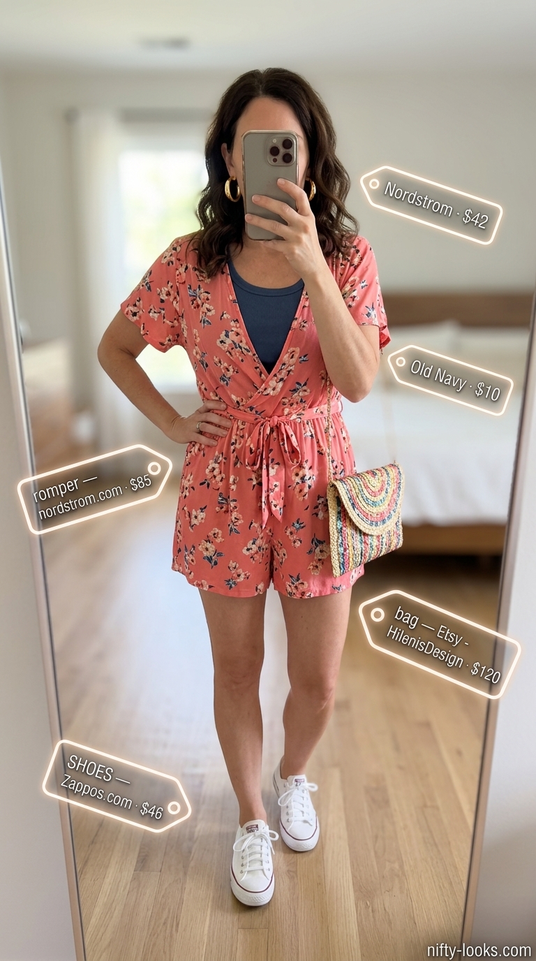 Picnic Perfect: Flattering Summer Outfit for Women 2026 Flattering summer outfit for women over 40 2026: Coral floral romper, white slides, and gold earrings for a picnic.