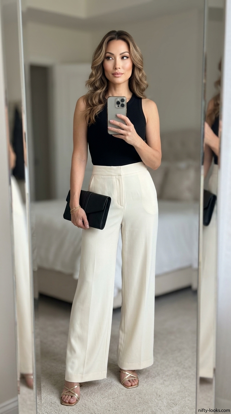 Resort Evening Elegance: Flattering Summer Outfit 2026 Flattering summer outfit for women over 40 2026: Cream wide-leg pants, knit vest, and gold sandals for resort dinner.