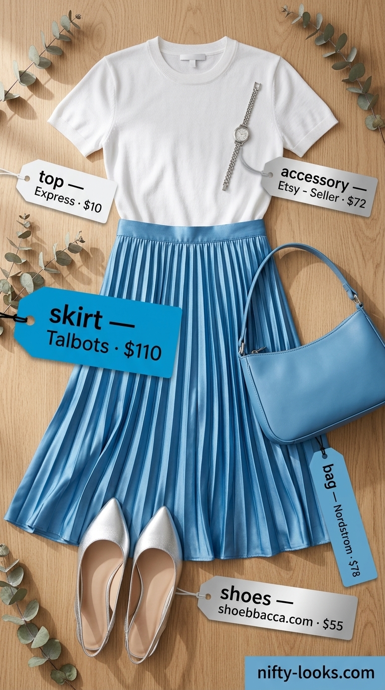 Riviera Style: Flattering Summer Outfit for Women 2026 Flattering summer outfit for women over 40 2026: Azure blue midi skirt, white knit top, and silver flats for vacation.