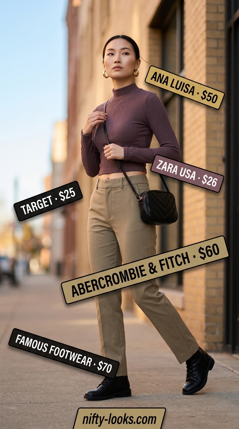 Flattering Summer Outfit for Women Over 40 2026: Urban Safari Flattering summer outfit for women over 40 2026: Khaki tailored pants, black top, combat boots for urban safari.