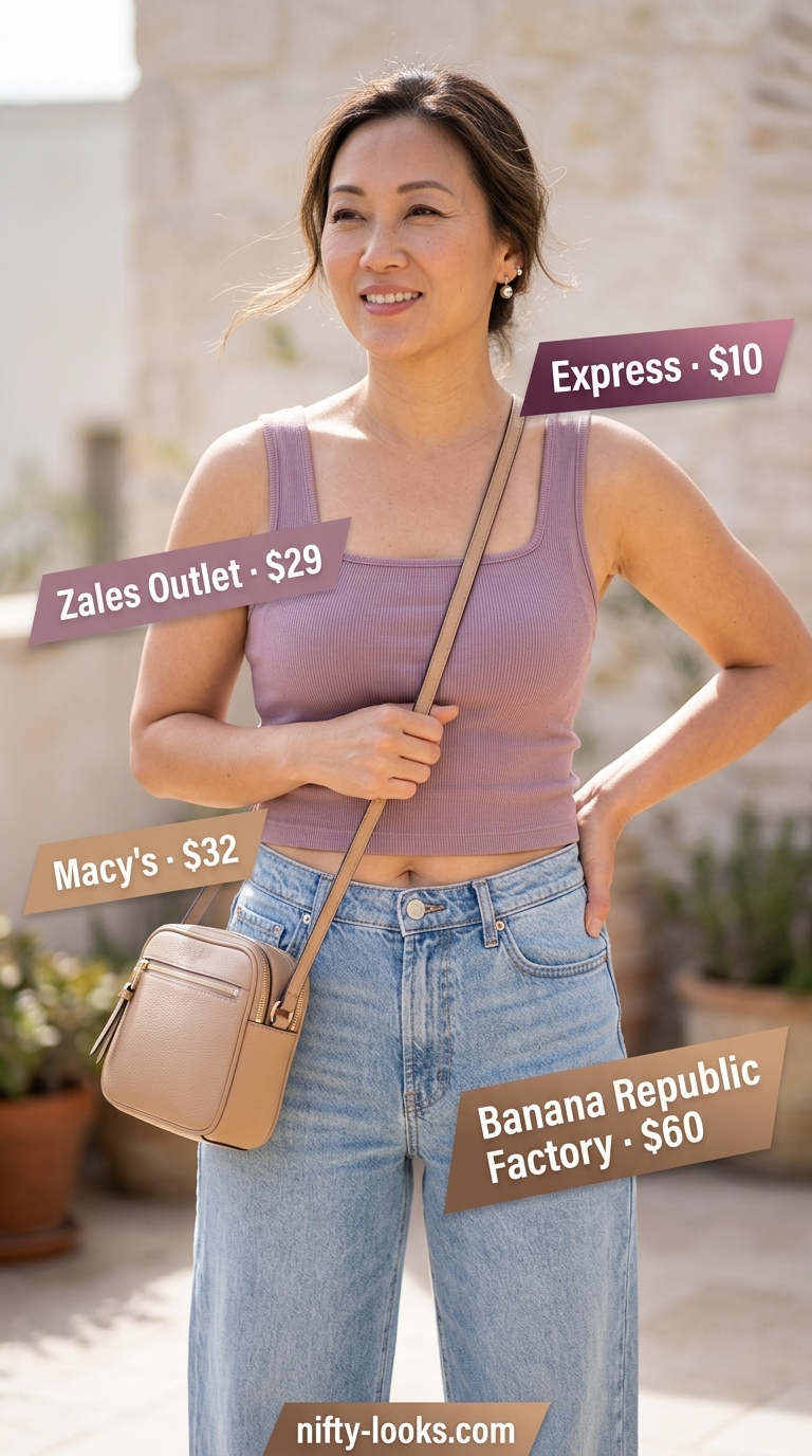 Weekend Brunch Style: Flattering Summer Outfit 2026 Flattering summer outfit for women over 40 2026: Light wash wide-leg jeans, white tank, white sneakers for weekend brunch.