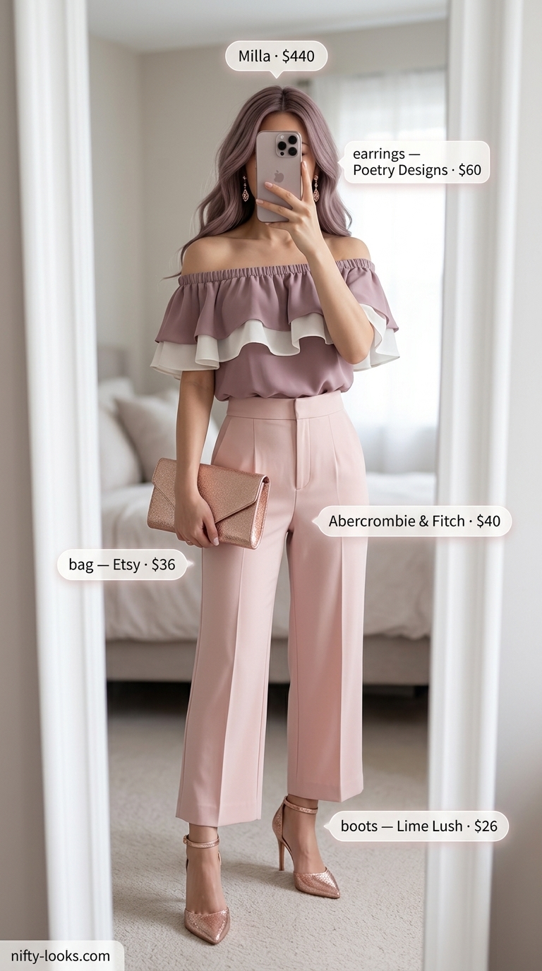 Romantic Sunset Dinner Outfits 2026 Flowy summer off-shoulder outfits for women 2026: Blush pink chiffon top with wide-leg trousers for a romantic sunset dinner date night.