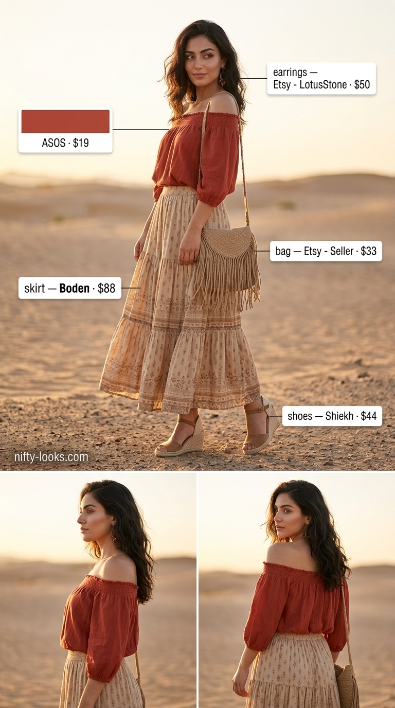 Bohemian Desert Sunset Outfits 2026 Flowy navy and white striped off-shoulder top with white linen trousers for a bohemian desert sunset outfit.