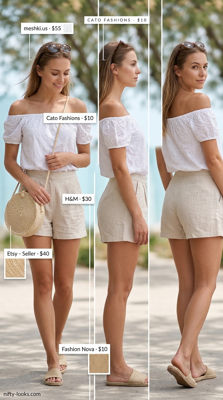 Coastal Morning Brunch Outfits 2026 White broderie anglaise off-shoulder top with linen shorts for a relaxed coastal morning brunch outfit.