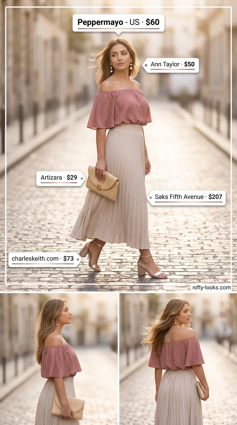 Serene Sunset Dinner Outfits 2026 Flowy summer off-shoulder outfits for women 2026: Dusty rose tiered top with a flowing maxi skirt for a serene sunset dinner.