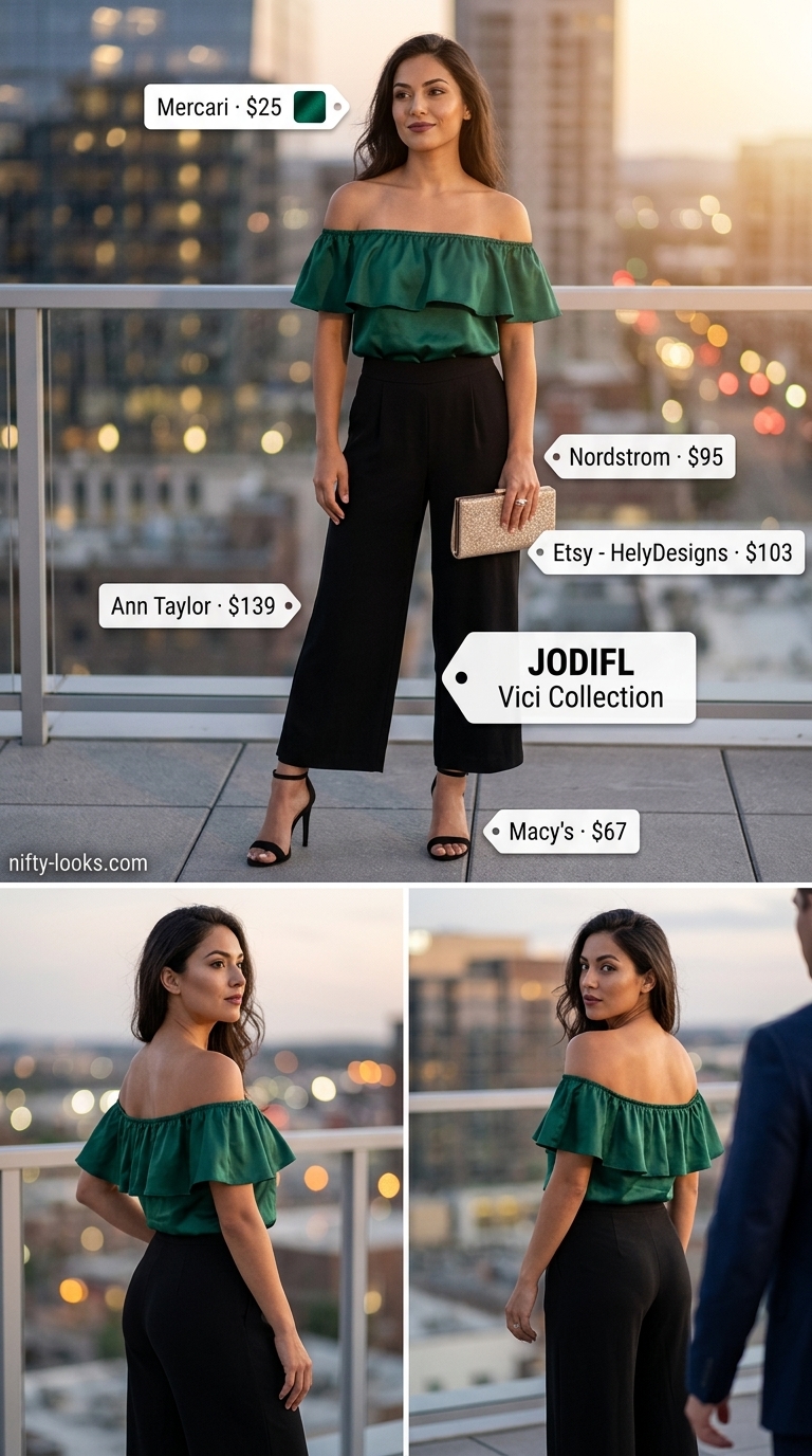 Evening Affair Outfits 2026 Flowy summer off-shoulder outfits for women 2026: Emerald green satin blouse with wide-leg trousers for an evening affair.
