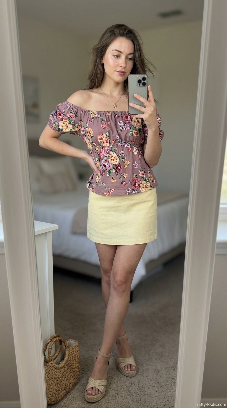 Floral Garden Party Outfits 2026 Floral print off-shoulder top with pale yellow mini skirt for a charming floral garden party outfit.